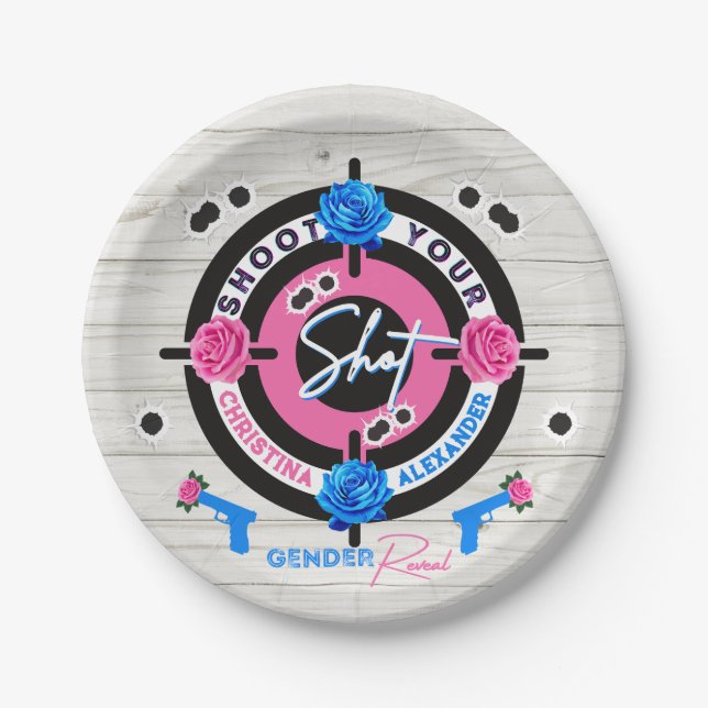 Guns or Roses Gender Reveal Baby Shower Pink/Blue Paper Plates (Front)