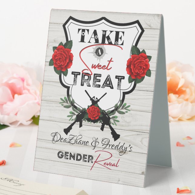 Guns or Roses Gender Reveal Baby Shower Treat Table Tent (In SItu (Wedding))