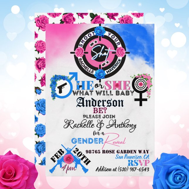 Guns or Roses Gender Reveal  Invitation (Guns or Roses Shoot your Shot Gender Reveal Invitation in Pink and Blue)