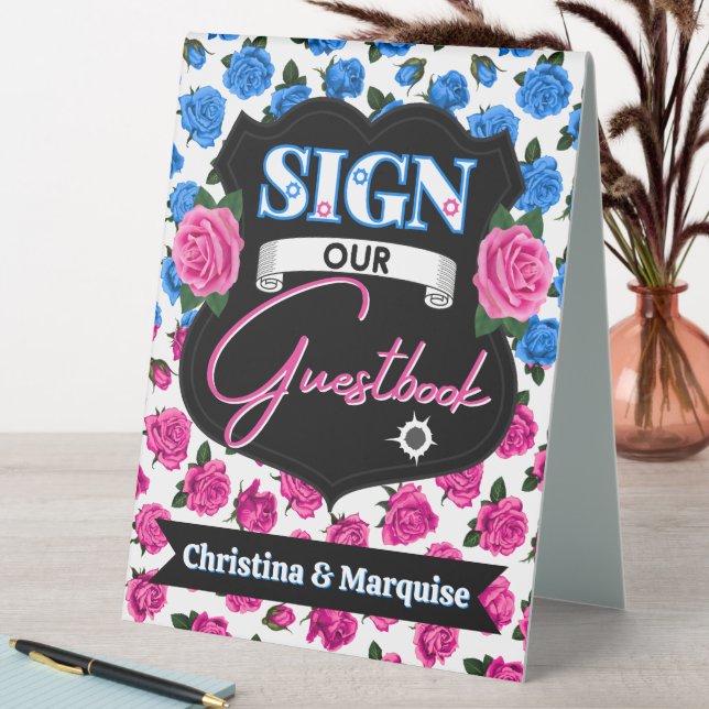 Guns or Roses Pink/Blue Gender Reveal Guestbook Table Tent (In SItu (Table))