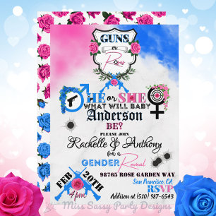 Guns or Roses Pink & Blue Gender Reveal Invitation