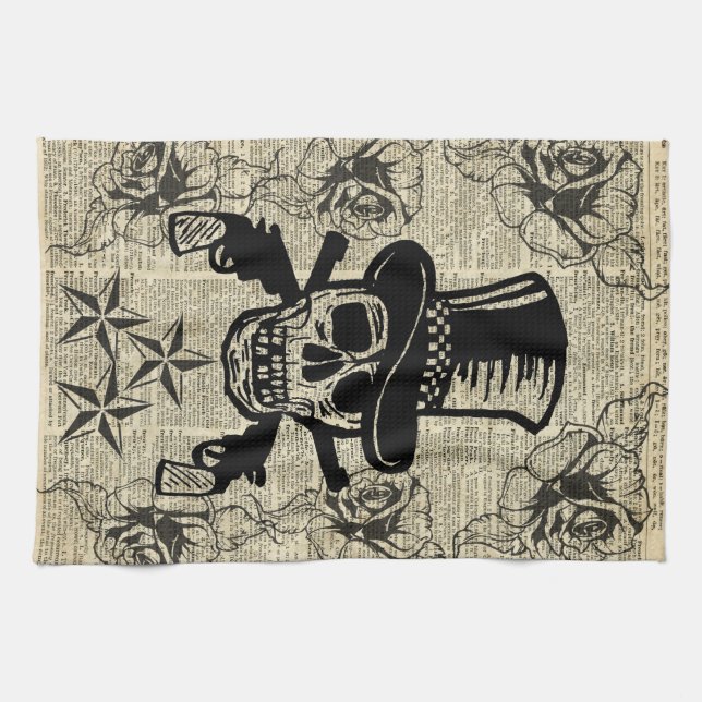 Gunslinger,Happy Skull,Guns,Roses,Gift,Teens,Rock Kitchen Towel (Horizontal)