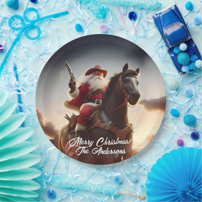 Gunslinger Santa Claus Riding Horse Christmas Paper Plates (Party)