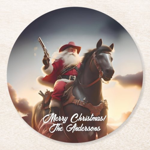 Gunslinger Santa Claus Riding Horse Christmas Round Paper Coaster
