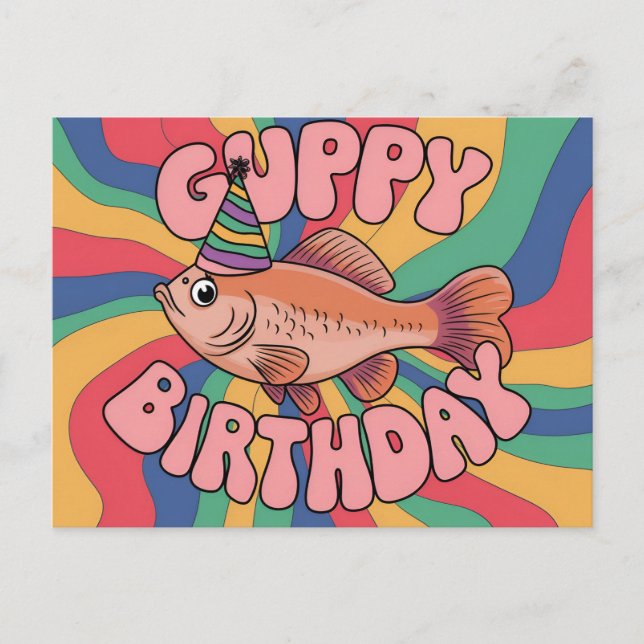 Guppy wearing birthday hat psychedelic colors postcard (Front)