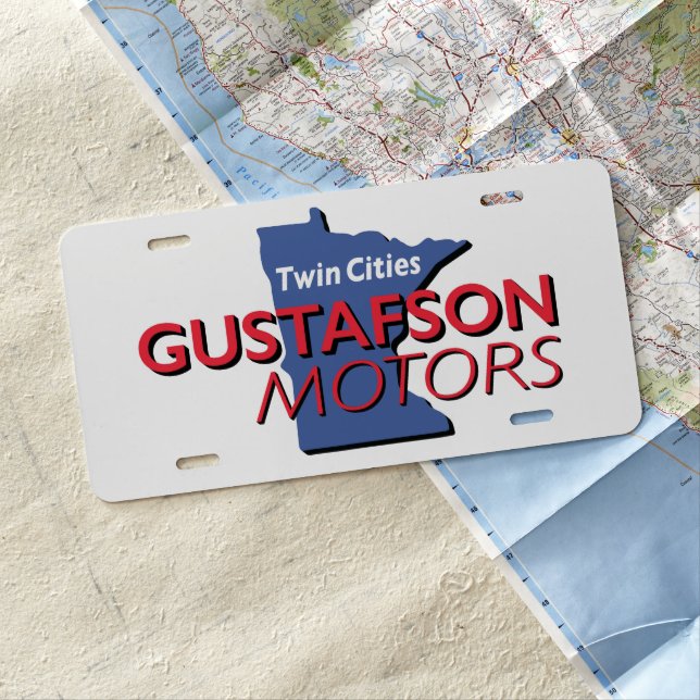 Gustafson Motors Wordmark Design License Plate (In Situ)