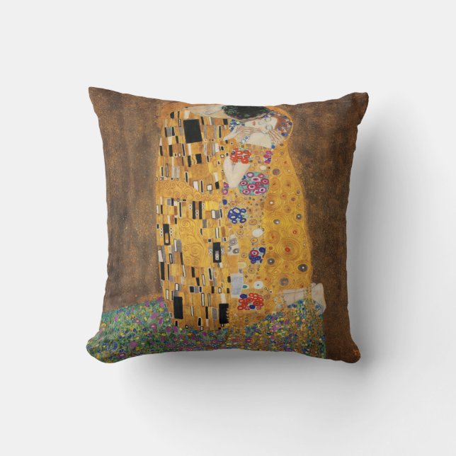 Gustav Klimt art cushion. The Kiss Throw Pillow (Front)