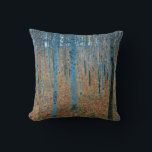 Gustav Klimt Beech Tree Forest Grove Throw Pillow<br><div class="desc">This is based on classic nature painting artworks by Gustav Klimt, Beech Grove 1, 1902. The artwork portrays a dense forest of tall, slender birch trees, with pale trunks marked by dark, vertical lines. The foliage is depicted in shades of blue, green, and yellow, adding a sense of depth and...</div>