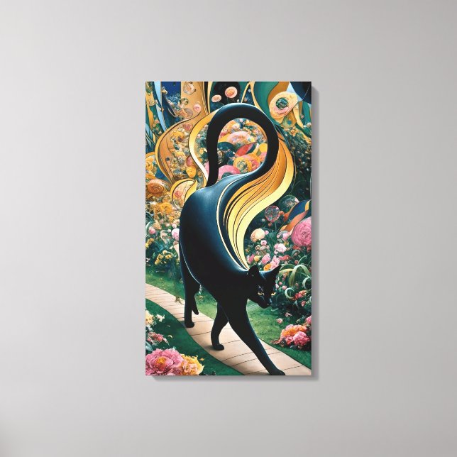 Gustav Klimt Black Cat In a Flower Garden, Cat Art Canvas Print (Front)