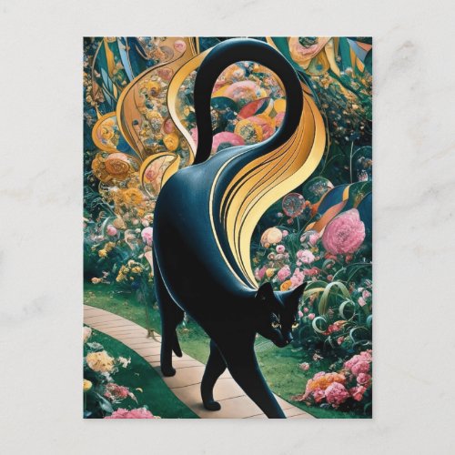 Gustav Klimt Black Cat In a Flower Garden Cat Art Postcard