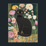 Gustav Klimt Black Cat In a Flower Garden, Cat Art Postcard<br><div class="desc">Gustav Klimt's "Black Cat in a Flower Garden" is a vibrant and whimsical painting that captures the essence of Art Nouveau. The painting features a sleek black cat with bright beautiful eyes, lounging gracefully amidst a symphony of vivid flowers. The cat's fur is a rich, dark black, and the flowers...</div>