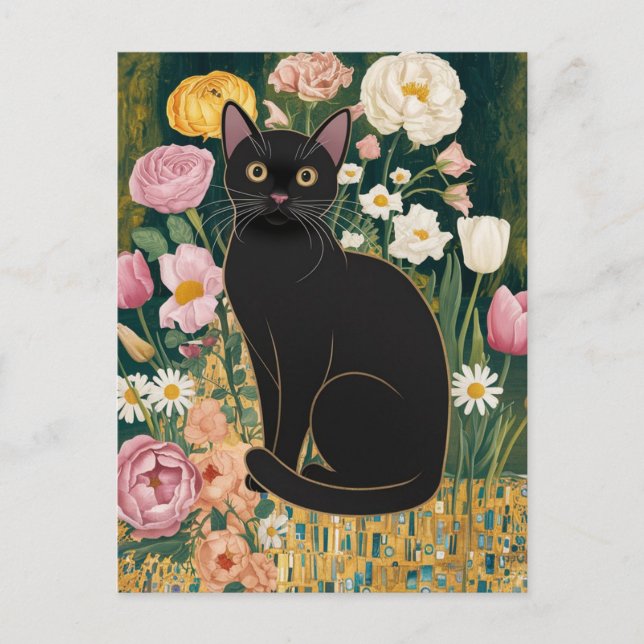 Gustav Klimt Black Cat In a Flower Garden, Cat Art Postcard (Front)