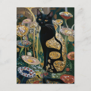 Gustav Klimt Black Cat In a Flower Garden, CAT ART Postcard