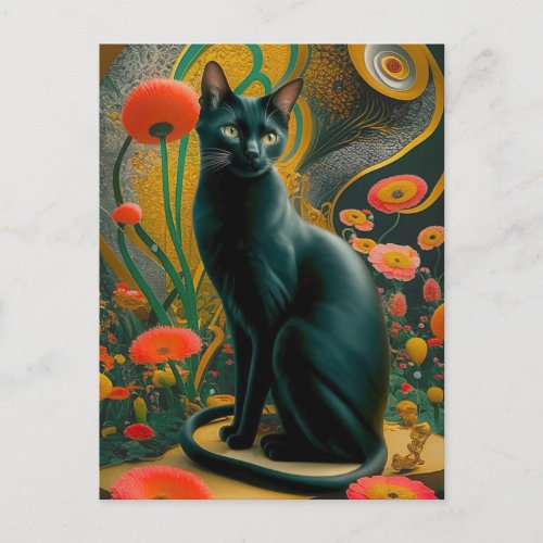 Gustav Klimt Black Cat In a Flower Garden Cat art Postcard