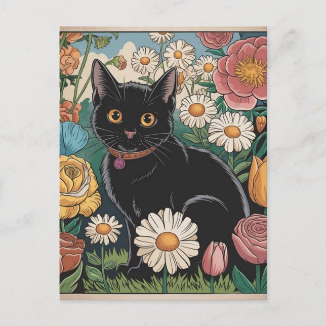 Gustav Klimt Black Cat In a Flower Garden, Cat Art Postcard (Front)