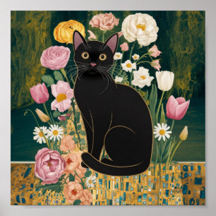 Gustav Klimt Black Cat In a Flower Garden, Cat Art Poster