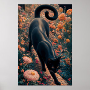 Gustav Klimt Black Cat In a Flower Garden, Cat Art Poster