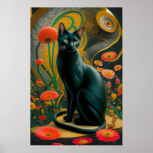 Gustav Klimt Black Cat In a Flower Garden, Cat art Poster