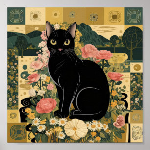 Gustav Klimt Black Cat In a Flower Garden, Cat Art Poster