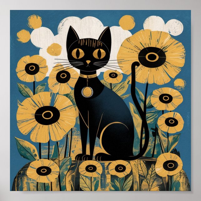 Gustav Klimt Black Cat In a Flower Garden, Cat Art Poster (Front)