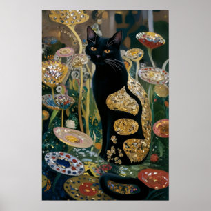 Gustav Klimt Black Cat In a Flower Garden, Cat Art Poster