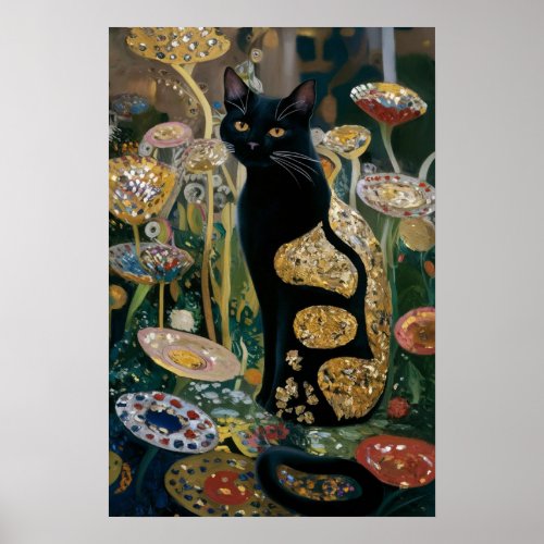 Gustav Klimt Black Cat In a Flower Garden Cat Art Poster