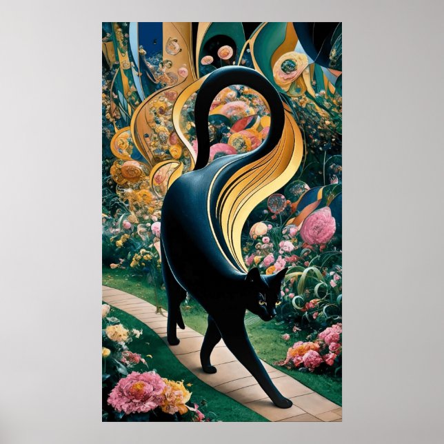 Gustav Klimt Black Cat In a Flower Garden, Cat Art Poster (Front)