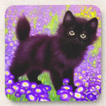 Gustav Klimt Black Kitten Beverage Coaster<br><div class="desc">Coasters featuring a Gustav Klimt black kitten! This wide-eyed beauty poses in a green field of purple flowers. A thoughtful gift for cat lovers and Austrian art enthusiasts!</div>