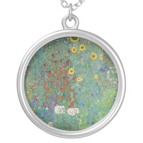 Gustav Klimt _ Country Garden with Sunflowers Silver Plated Necklace