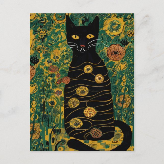 Gustav Klimt Cute Black Cat In a Flower Garden Postcard (Front)