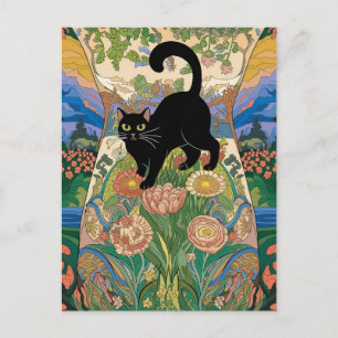 Gustav Klimt Floral Black Cat Altered Vintage Art Postcard