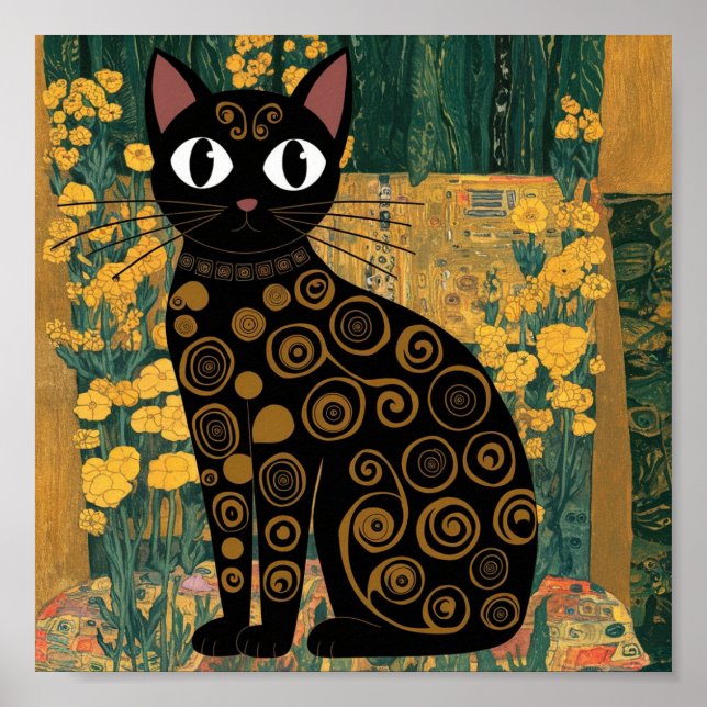 Gustav Klimt Floral Black Cat Altered Vintage Art Poster (Front)