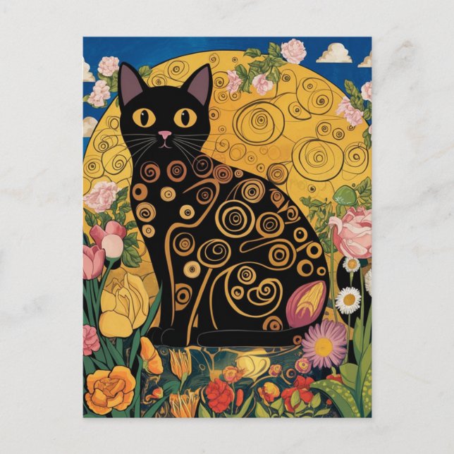 Gustav Klimt Floral Black Cat, Modern Eclectic Art Postcard (Front)