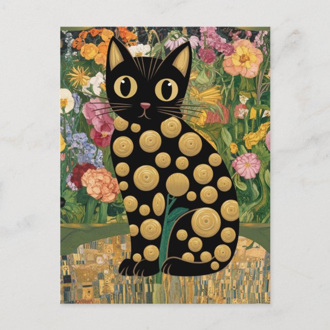 Gustav Klimt Floral Black Cat Modern Eclectic Art Postcard (Front)