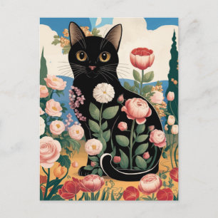 Gustav Klimt Floral Black Cat Modern Eclectic Art Postcard