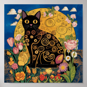 Gustav Klimt Floral Black Cat, Modern Eclectic Art Poster