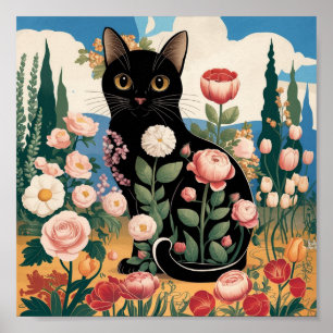 Gustav Klimt Floral Black Cat Modern Eclectic Art Poster