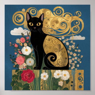 Gustav Klimt Floral Black Cat, Modern Eclectic Art Poster