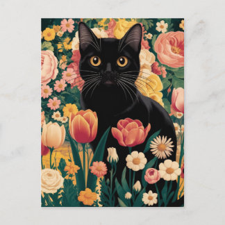 Gustav Klimt Floral Black Cat, Vintage Eclectic Postcard