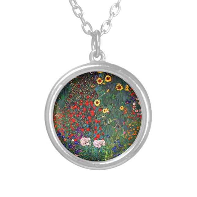 Gustav Klimt Flower Garden Silver Plated Necklace (Front)