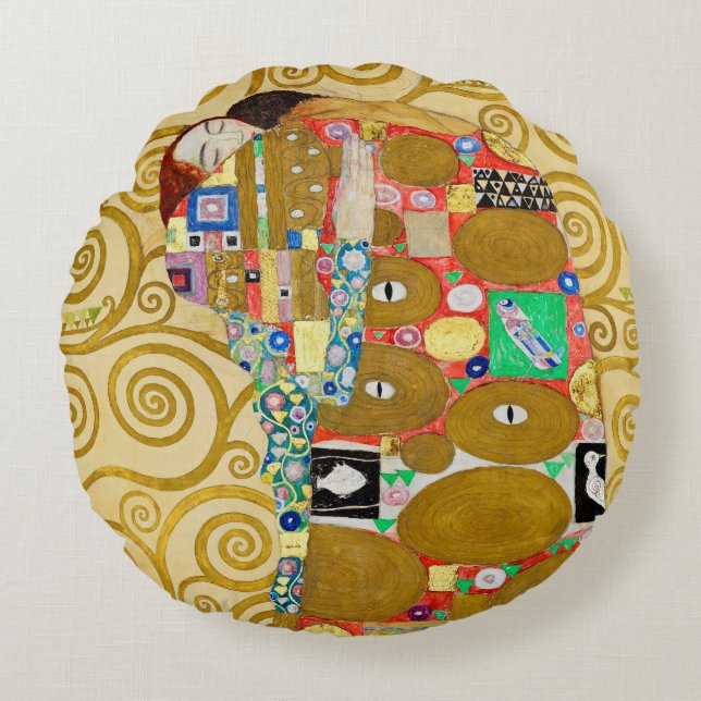 Gustav Klimt Fulfillment Nouveau Couple Round Pillow (Front)