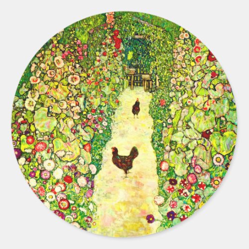 Gustav Klimt Garden with Chickens Classic Round Sticker