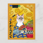 Gustav Klimt gold cute cat with fan spoof postcard<br><div class="desc">This is a spoof of Gustav Klimt's portrait painting of "Woman with a Fan."  My version features a cat.  You can change the border color if you'd like.  This image is also available on other products in my Zazzle store.</div>