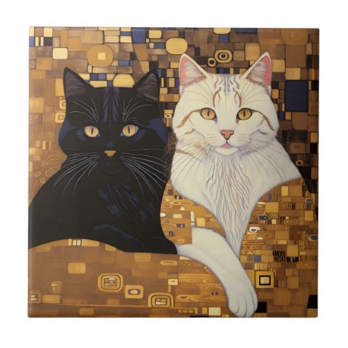 Gustav Klimt Inspired Two Cats In Bed Ceramic Tile