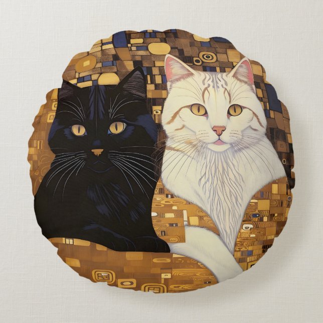 Gustav Klimt Inspired Two Cats In Bed Round Pillow (Front)