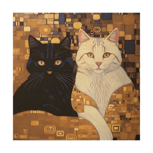 Gustav Klimt Inspired Two Cats In Bed Wood Wall Art (Front)