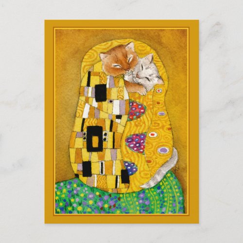 Gustav Klimt kiss gold cute cat spoof postcard