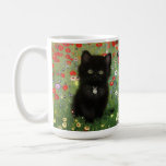 Gustav Klimt Kitten Coffee Mug<br><div class="desc">Coffee Mug featuring a Gustav Klimt kitten! This black kitty wears a silver collar and sits in a field of red,  blue,  white,  and yellow flowers. A wonderful gift for cat lovers and Austrian art enthusiasts!</div>