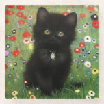 Gustav Klimt Kitten Glass Coaster<br><div class="desc">Glass Coaster featuring a Gustav Klimt kitten! This black kitty wears a silver collar and sits in a field of red,  blue,  white,  and yellow flowers. A wonderful gift for cat lovers and Austrian art enthusiasts!</div>