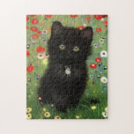 Gustav Klimt Kitten Jigsaw Puzzle<br><div class="desc">Puzzle featuring a Gustav Klimt kitten! This black kitty wears a silver collar and sits in a field of red,  blue,  white,  and yellow flowers. A wonderful gift for cat lovers and Austrian art enthusiasts!</div>